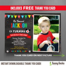 Mickey Mouse Chalkboard Style 7x5 in. Birthday Party Invitation with FREE editable Thank you Card